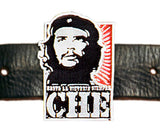 Che Guevara silver, metal belt buckle with black and silver classic Che image on red sunburst, Hasta La Victoria Siempre, and Che