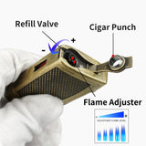 GUEVARA Zinc and Stainless Steel V Cigar Cutter - 2 Jet Lighter combo with Carrying case.