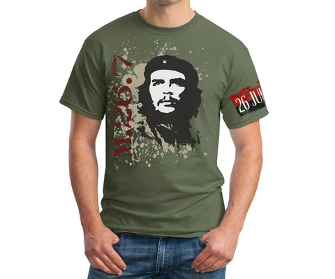 Che Guevara 26th of July Movement armband short sleeve military green T-shirt with classic Che image on splash backgroun