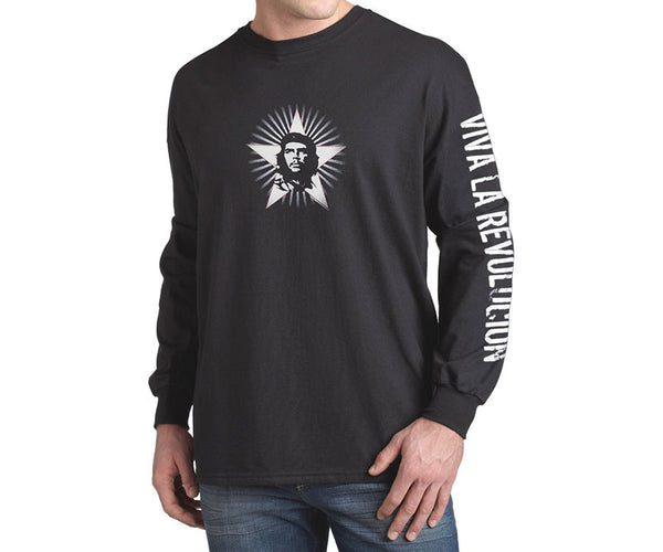 Che Guevara sunburst long sleeve black T-shirt with classic Che image on white star and Viva La Revolucion on left sleeve