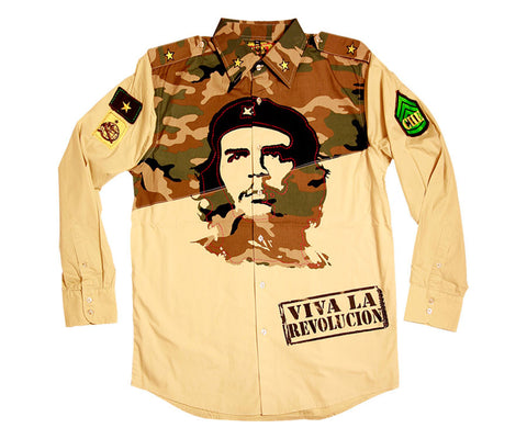 Che Guevara long sleeve, double-sided print, khaki button military shirt with camouflage upper half. Viva La Revolucion stamp, patches, and epaulets