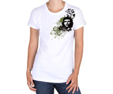 Women's Che Guevara short sleeve, white, environmentally-friendly T-shirt with classic Che image on flowing floral background on shoulder