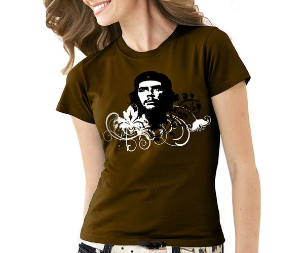 Women's Che Guevara short sleeve, chocolate, environmentally-friendly T-shirt with classic Che image on floral background