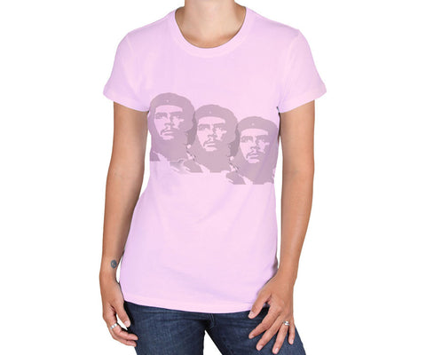 Women's Che Guevara short sleeve, light pink, environmentally-friendly T-shirt with lightly distressed classic Che image triplet