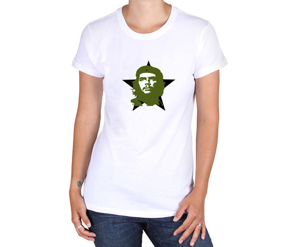 Women's Che Guevara short sleeve, white T-shirt with green and white classic Che image on black star