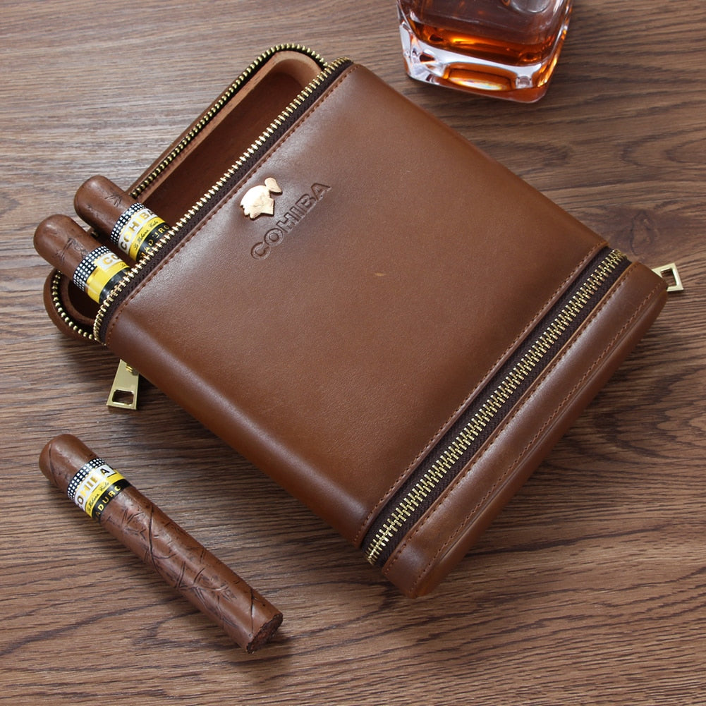 Portable Travel Cigar Humidor Leather Case with Cutter – Ashtray