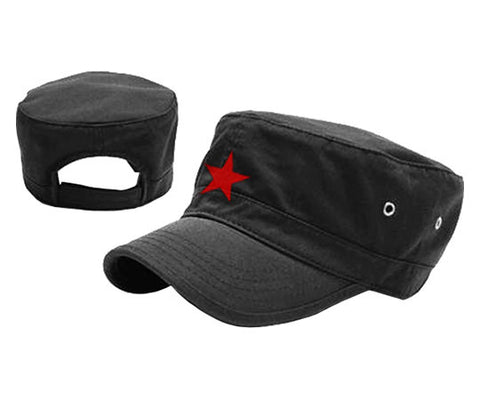 Che Guevara black military cap / hat with embroidered red star, adjustable Velcro closure, and air holes