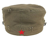 Che Guevara military green, distressed, cotton military hat with visor, classic Che image on front left, side buttons, and embroidered red star on back