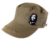 Che Guevara military green, distressed, cotton military hat with visor, classic Che image on front left, side buttons, and embroidered red star on back