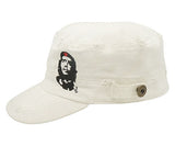 Che Guevara white, distressed, cotton military hat with visor, classic Che image on front left, side buttons, and embroidered red star on back