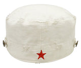 Che Guevara white, distressed, cotton military hat with visor, classic Che image on front left, side buttons, and embroidered red star on back
