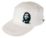 Che Guevara white, distressed, cotton military hat with visor, classic Che image on front left, side buttons, and embroidered red star on back