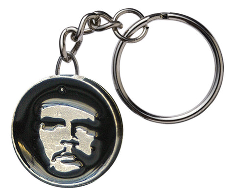 Che Guevara metal key chain / key ring with round, black and silver classic Che image pendant