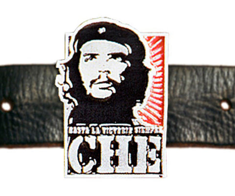 Che Guevara silver, metal belt buckle with black and silver classic Che image on red sunburst, Hasta La Victoria Siempre, and Che
