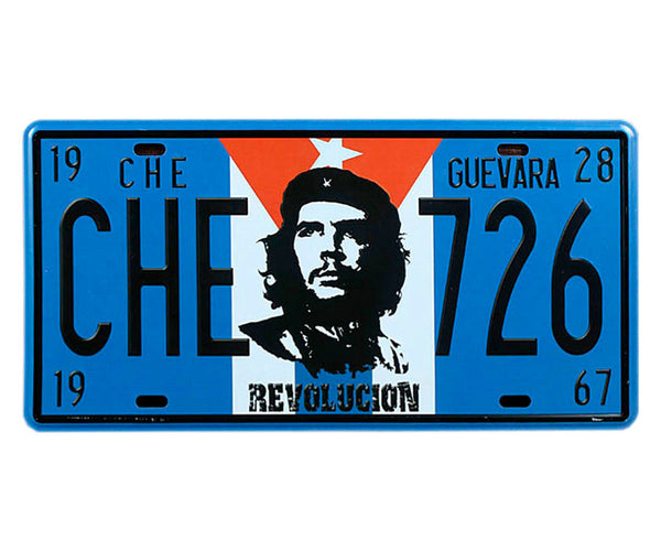 Che Guevara blue, 26th of July (726) license plate with black and white Che image on Cuban flag,  Che year of birth (1928) and death (1967), and Revolucion