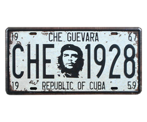 Che Guevara white, Republic of Cuba license plate with black and white Che image, Che year of birth (1928) and death (1967), and year of Cuban Revolution (1959)