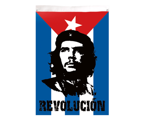 Che Guevara 3' x 5' fabric / textile Cuban flag with black and red classic Che image above Revolución, and brass eyelets