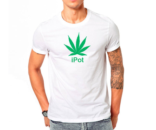 Short sleeve white T-shirt with green pot (cannabis / marijuana) leaf and iPot